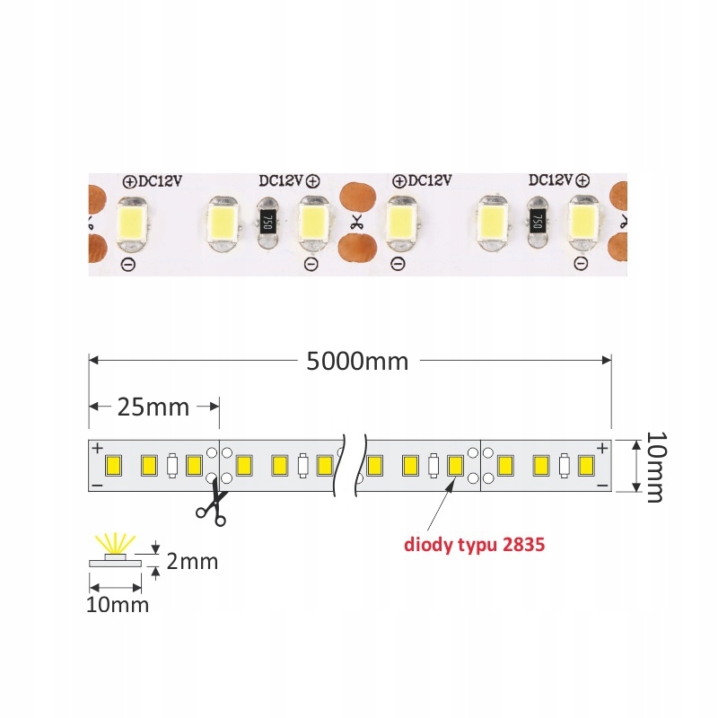 TAŚMA LED PREMIUM 2835 IP20 600 LED 5m ZIMNA Długość 5 m