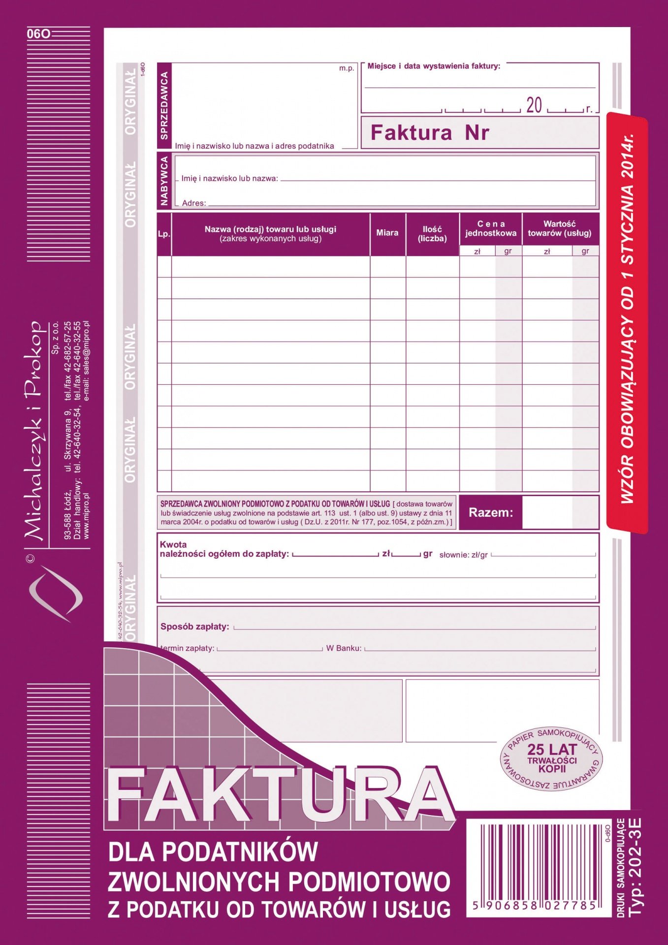 

Faktura dla podatników zwolnionych z vat A5 02 80k