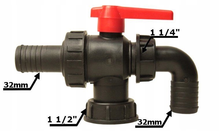 

Zawór kulowy 3 drożny na wąż 32mm z nakrętką 1 1/4