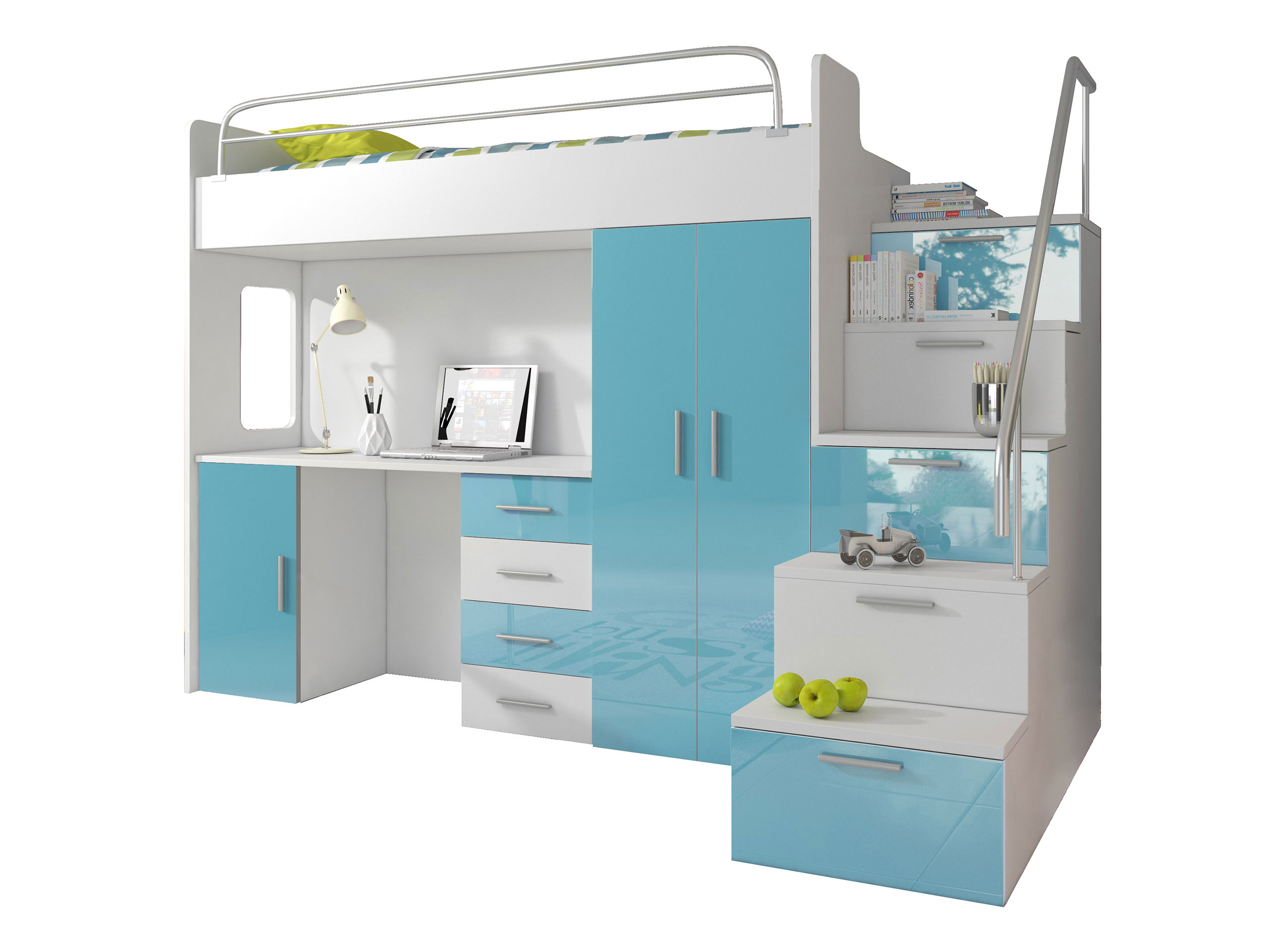 Antresola RAJ IV s - biurko + szafa + schodki - biało / biały połysk Długość mebla 254 cm