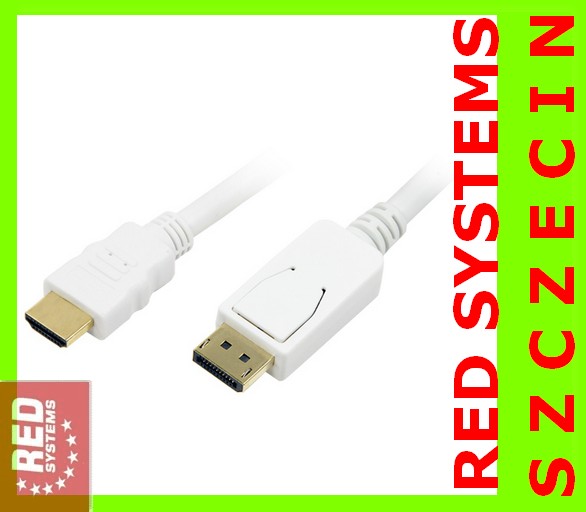 Biały kabel DisplayPORT HDMI display Port 2m Szcze Złącza DisplayPort - DisplayPort