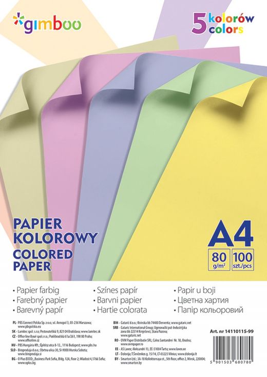 

Papier Kolorowy Gimboo A4 100ark.80GSM,