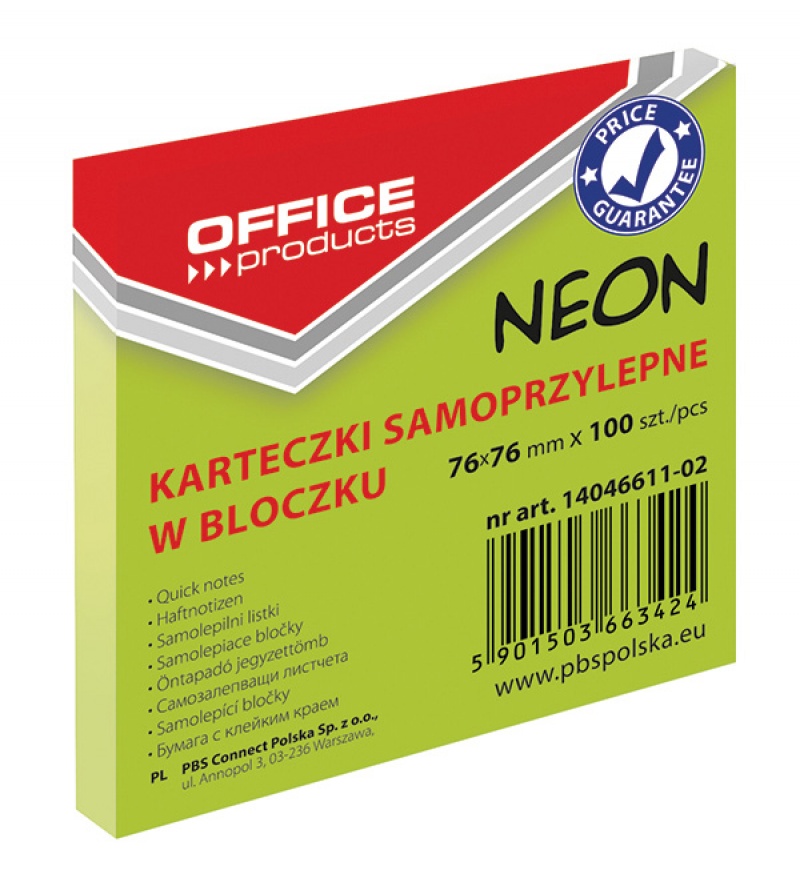 

Bloczek Samoprzylepny 76x76mmX100 Neon Zielony