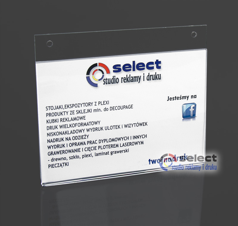 KOSZULKA TABLICZKA RAMKA KIESZEŃ WISZACA PLAKATOWA PLEXI (pleksi) A3 POZIOM Marka Select