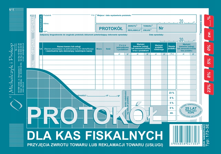 

Protokół dla kas fiskalnych zwrotu rekla A5 173-3E