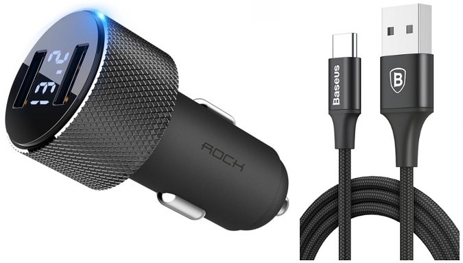 

Rock Ładowarka Samochodowa 2xUSB 3,4A +kabel Typ-c