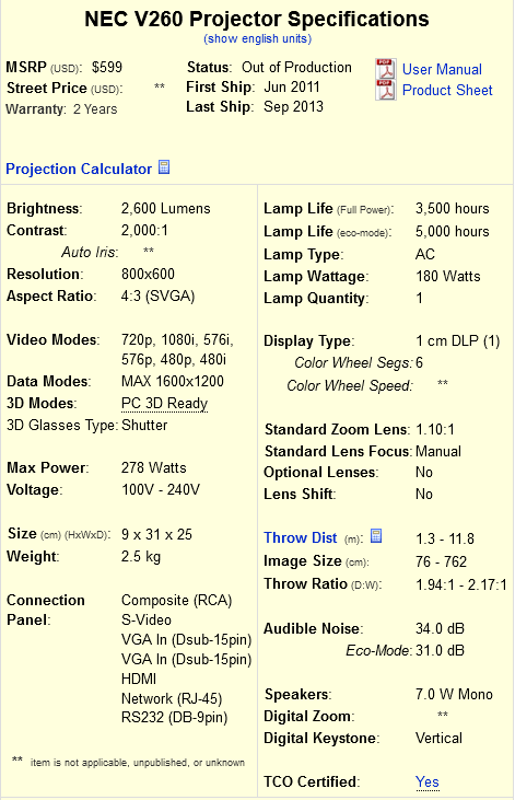 PROJEKTOR RZUTNIK NEC V260 2600 ANSI DLP 2000:1 Jasność lampy (ANSI) 2600 lm