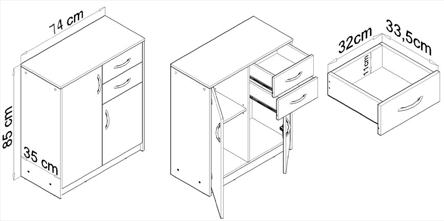 Komoda szafka 2D2S DĄB SONOMA szuflady regał półka ROB Szerokość mebla 74 cm