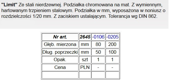 LIMIT GŁĘBOKOŚCIOMIERZ SUWMIARKOWY 200x100mm EAN (GTIN) 7311662645021