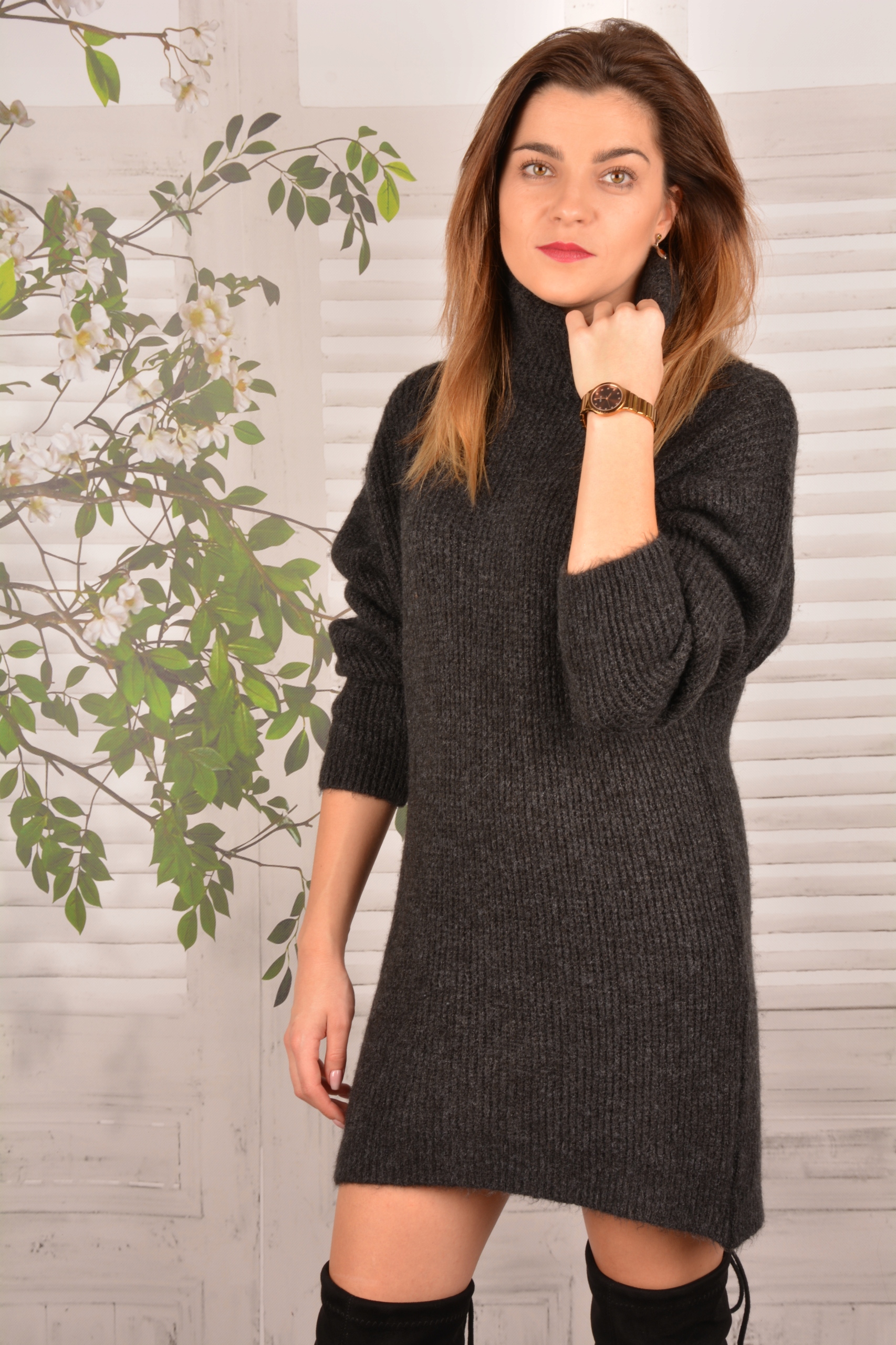 SWETER GOLF CIEMNY GRAFIT DŁUGI Oversize Rozm.Uni Długość do połowy uda