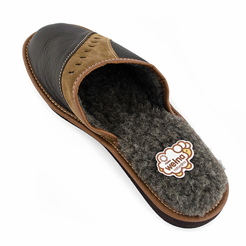 KAPCIE MĘSKIE OCIEPLANE WEŁNA LACZKI SKÓRZANE Kolor brązowy