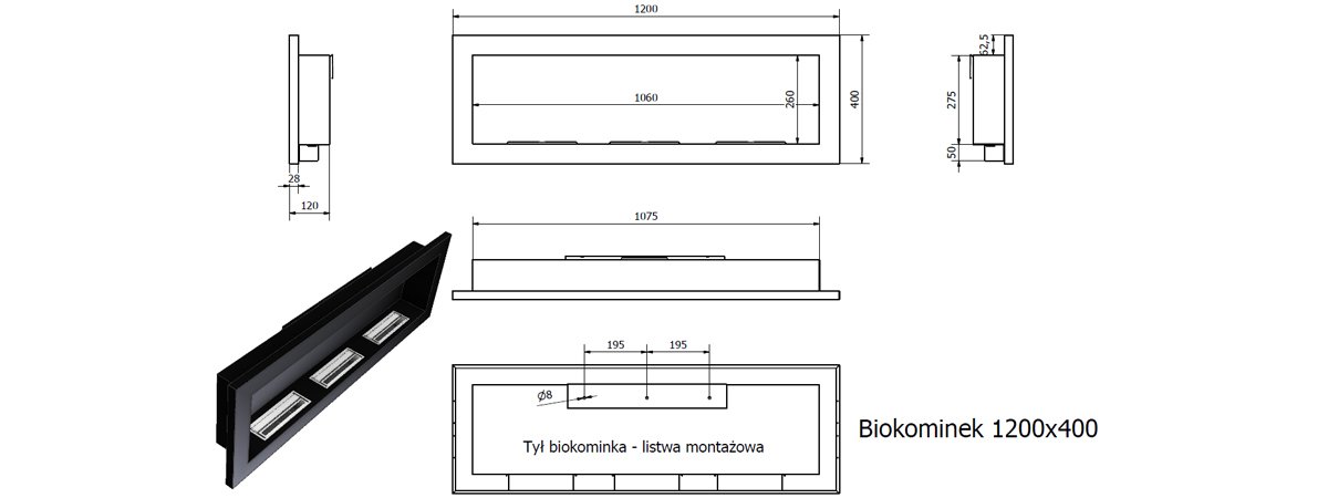 Длинные биокамины 120X40 черный глянец 1200 с цветным стеклом черный