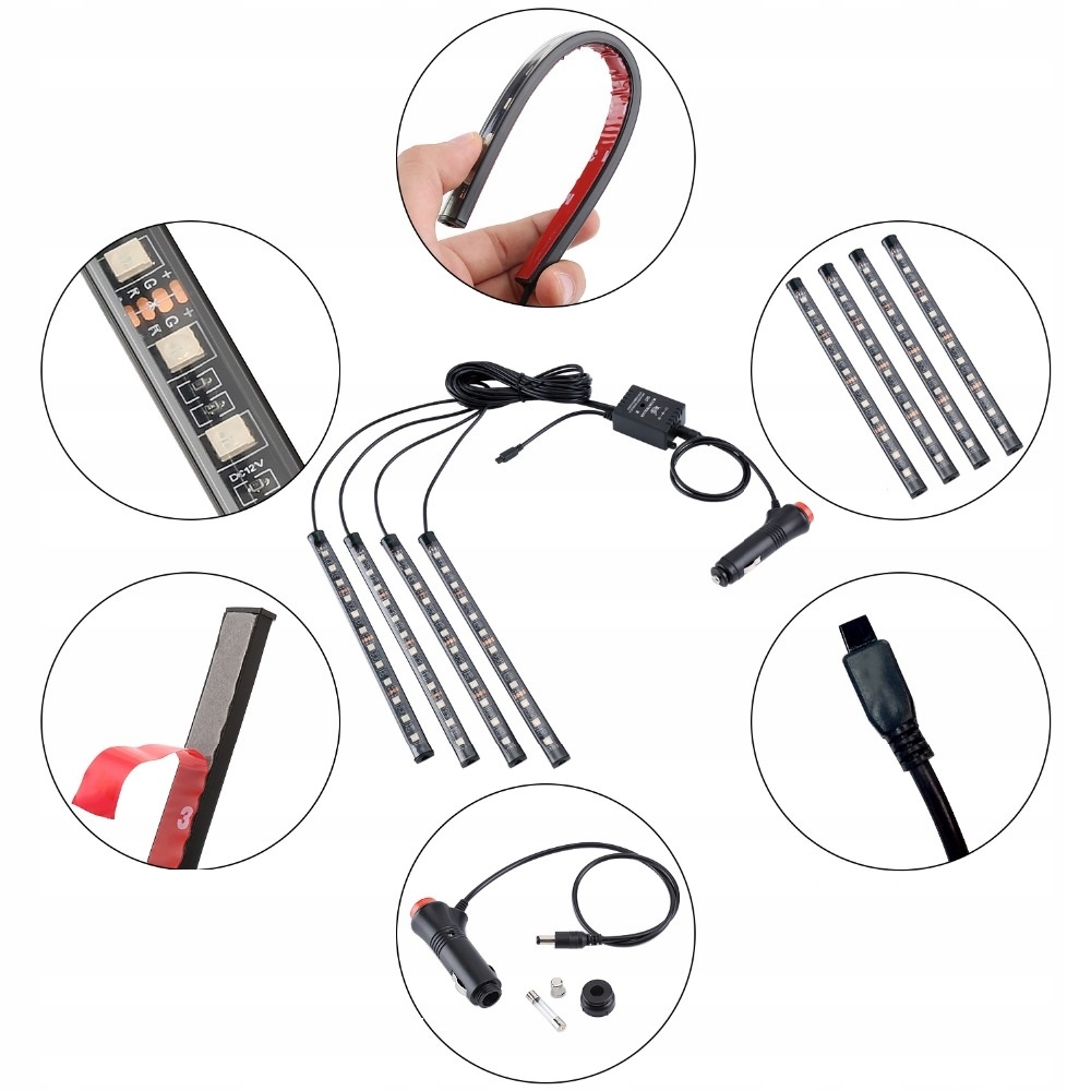OŚWIETLENIE WNĘTRZA KABINY AUTA 4x12 LED RGB PILOT Numer katalogowy części OŚWIETLENIA WNĘTRZA KABINY ZESTAW 4x12 LED