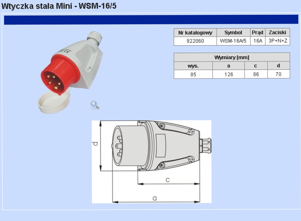 Wtyczka odbiornikowa 16A 5P sieć agregat klapka Przeznaczenie Elektryczne