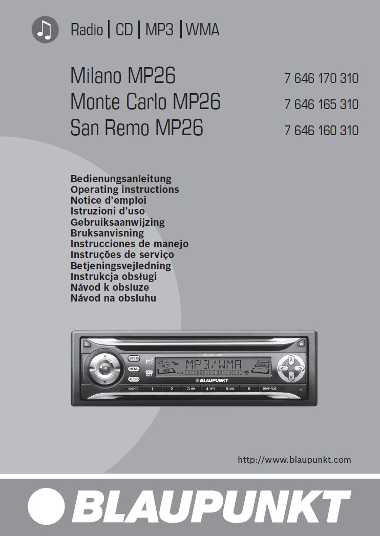 RADIO SAMOCHODOWE BLAUPUNKT SAN REMO FM RDS 4x 45W Złącza RCA Sub-out (subwoofer)