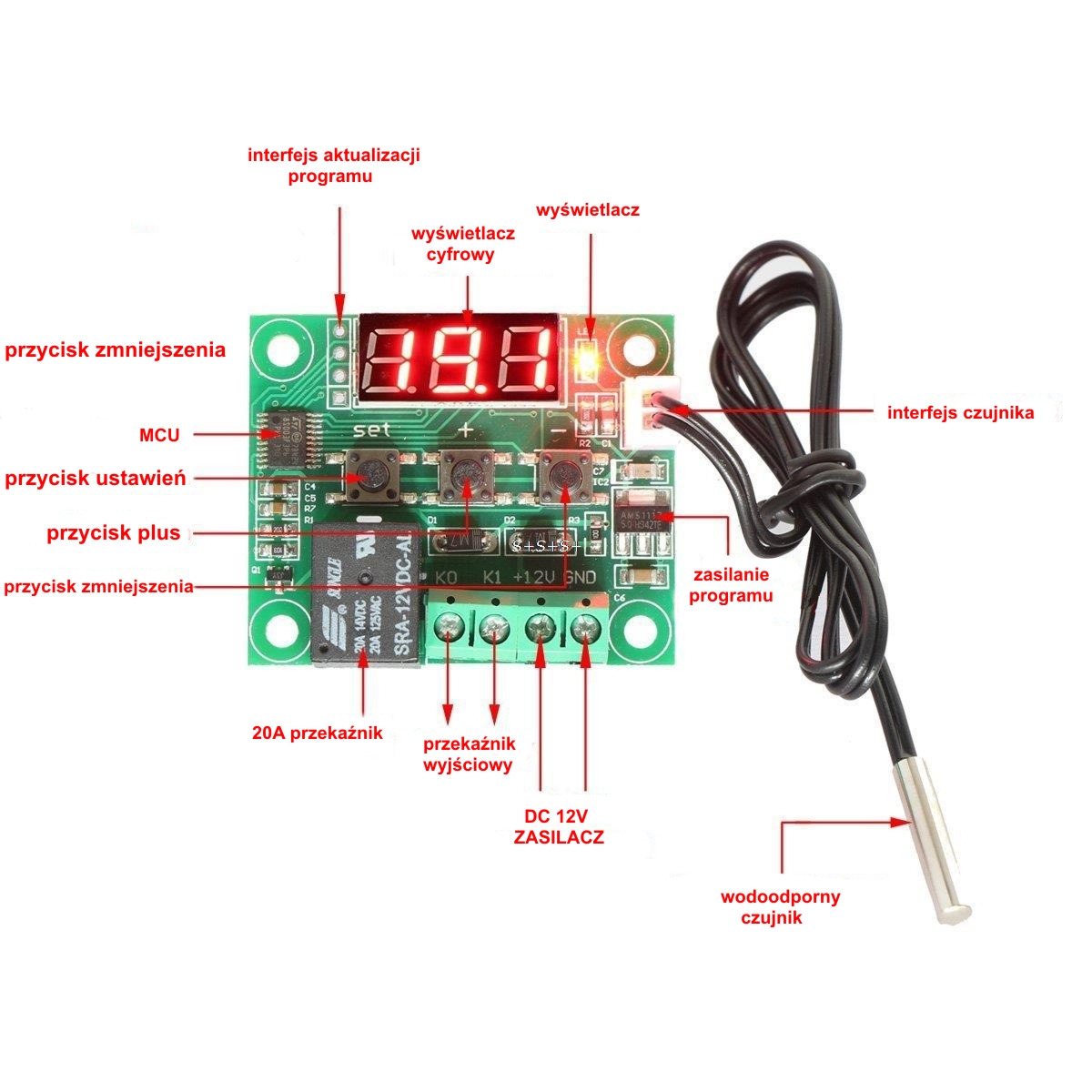 Cyfrowy termostat W1209 regulowany 12V -50C +110C Model W1209