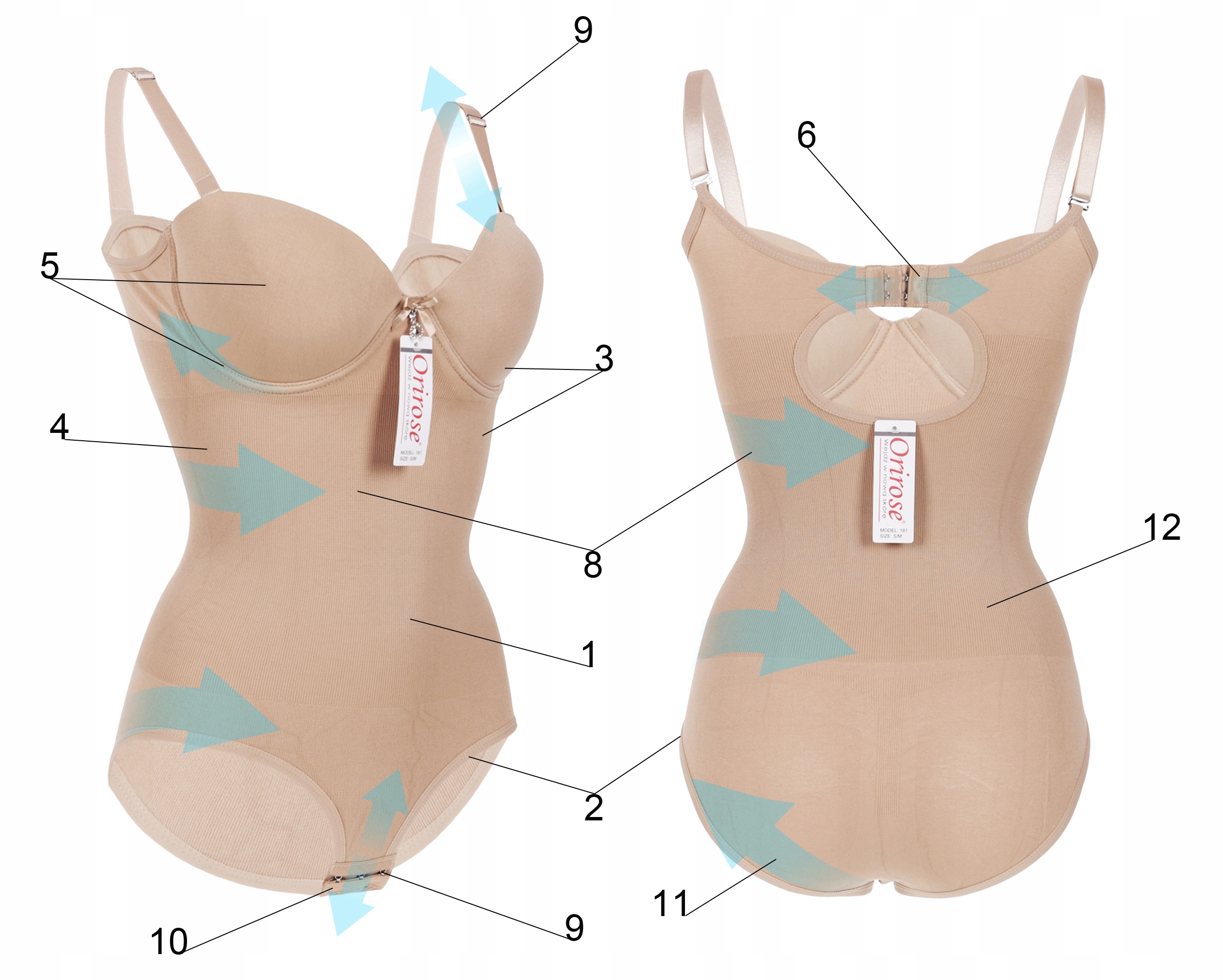 Orirose bezszwowe BODY mocno WYSZCZUPLAJĄCE MODELUJĄCE brzuch talię PUSH-UP Marka Orirose