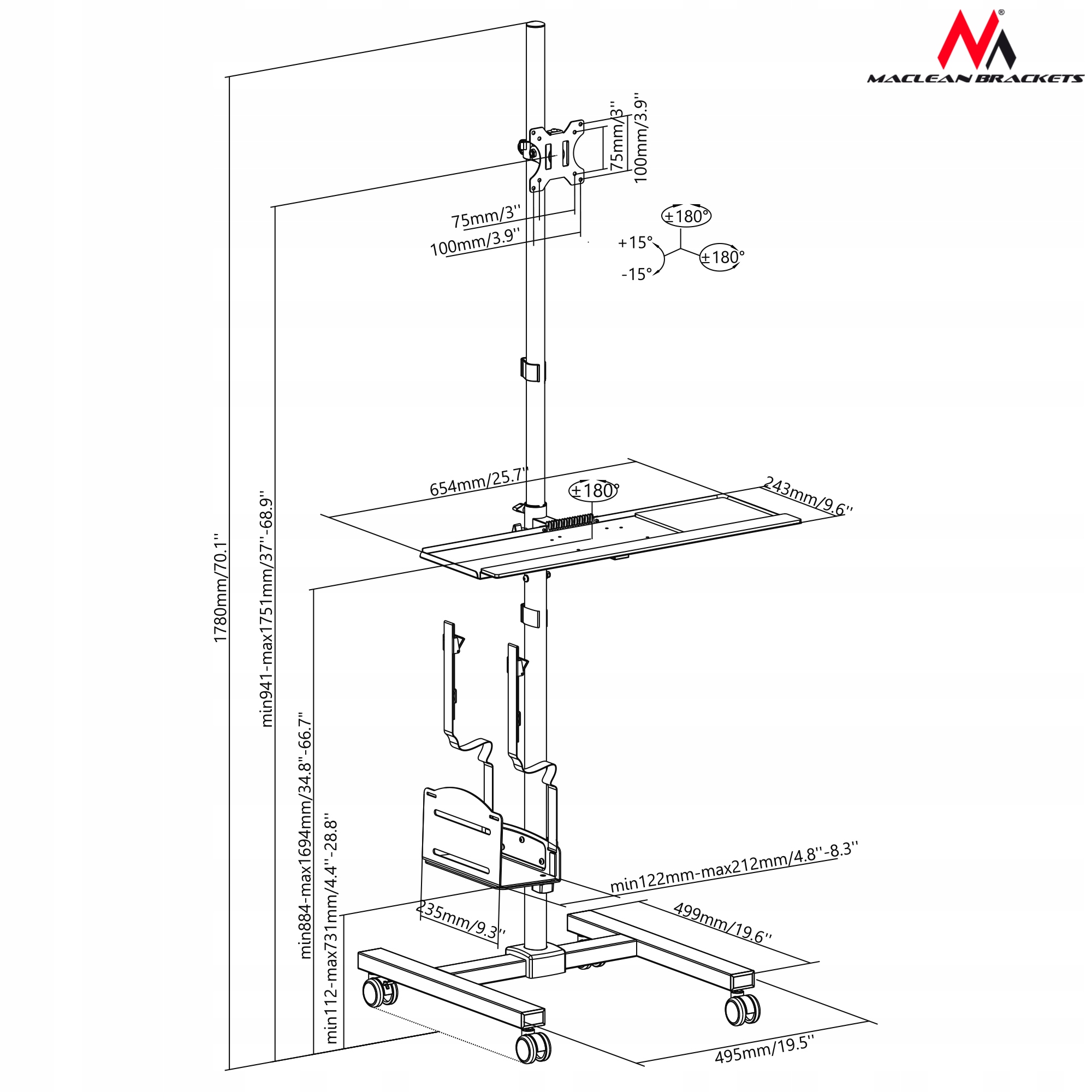 STOJAK UCHWYT pod MONITOR na TV WÓZEK do LED LCD Marka Maclean