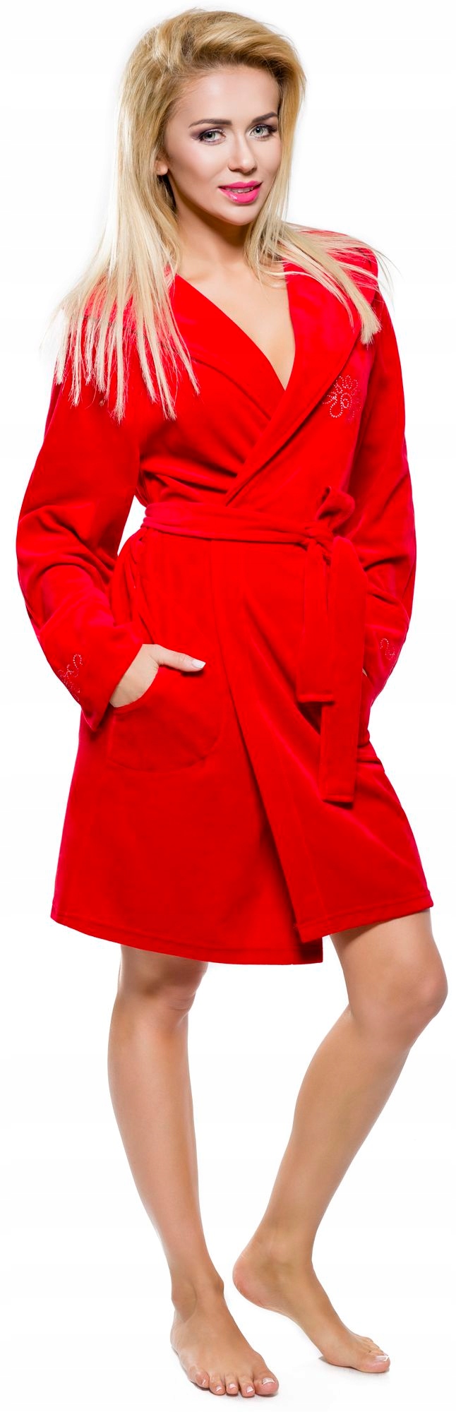 WELUROWY SZLAFROK DAMSKI Z KAPTUREM HAFT PODOMKA M Marka L&L