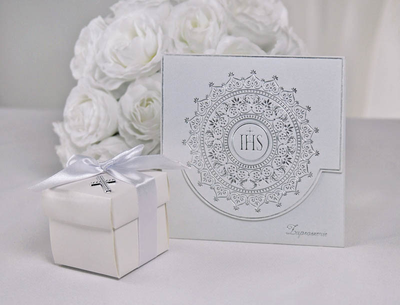 Zaproszenie na komunię + koperta PERŁOWE srebrne ! Marka Party deco