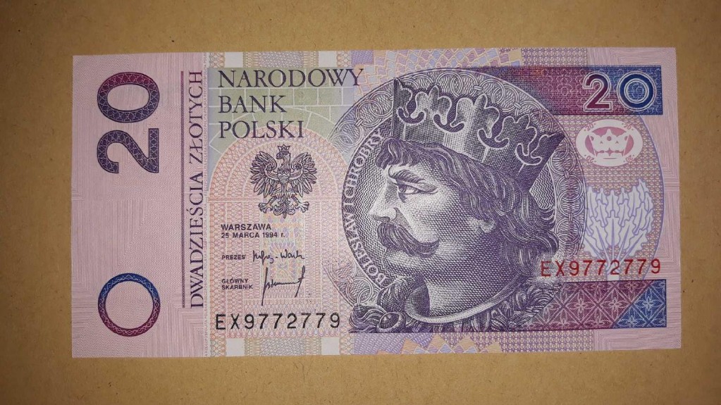 Banknot 20 zł, stan UNC, Numer radarowy, seria EX
