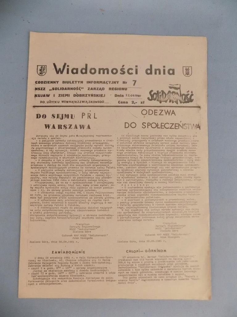 NSZZ Solidarność Wiadomości dnia 1981