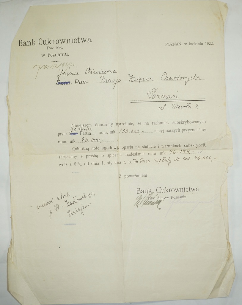Bank Cukrownictwa do J.O. Marii Ks. CZARTORYSKA