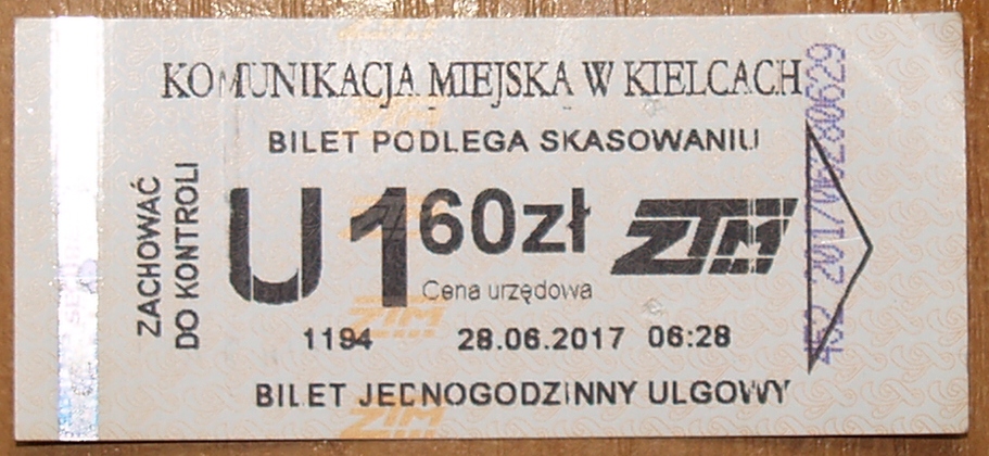 Bilet skasowany 5 - ZTM Kielce (cena = 10 groszy)