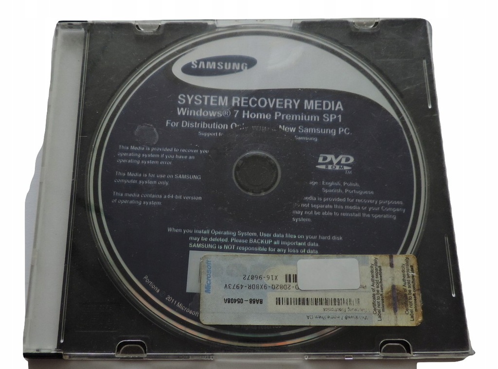 Płyta Windows 7 HOME SAMSUNG Recovery DVD 64