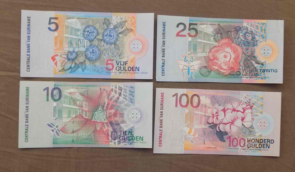 Banknoty Surinam 5,10,25,100 Gulden