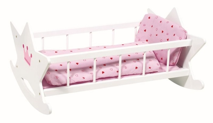 Kołyska, białe łóżeczko dla lalki z różową pościel