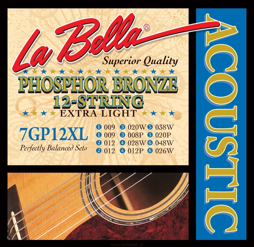 Struny do gitary 12-strunowej La Bella 7GP12XL USA