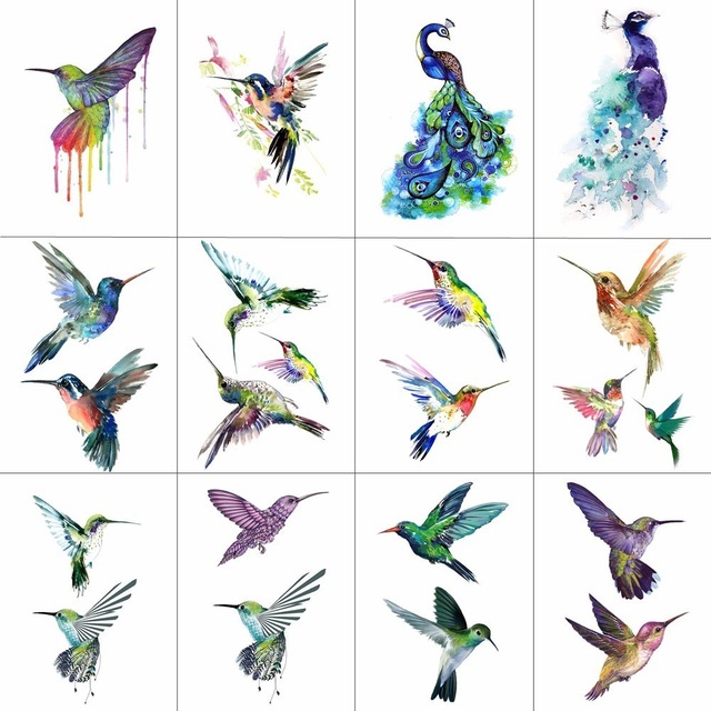 12 sztuk zmywalne tatuaże ptaki pawie kolibry