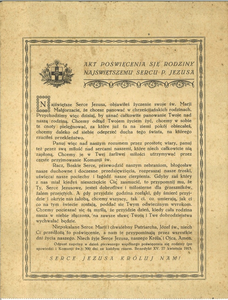 AKT POŚWIĘCENIA BENEDYKT XV 1915