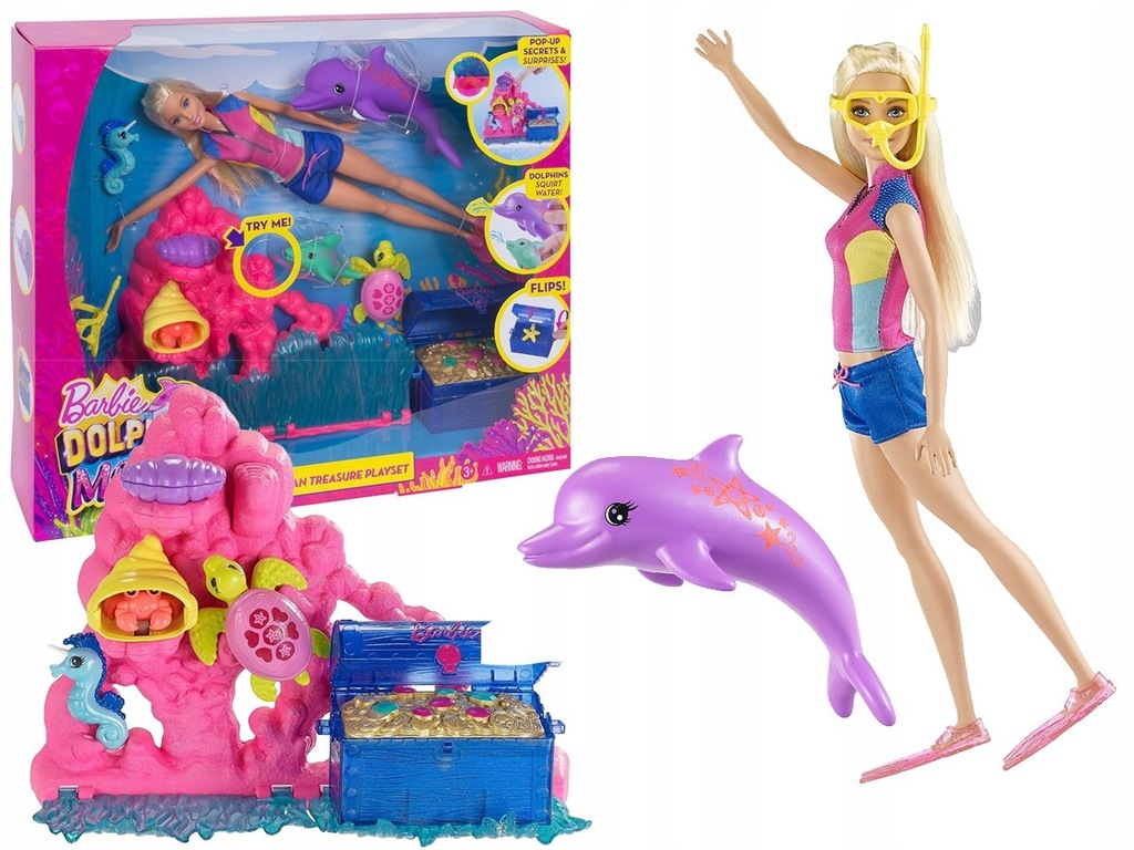 BARBIE SKARBY OCEANU LALKA + RAFA +SKARB +2 DELFIN