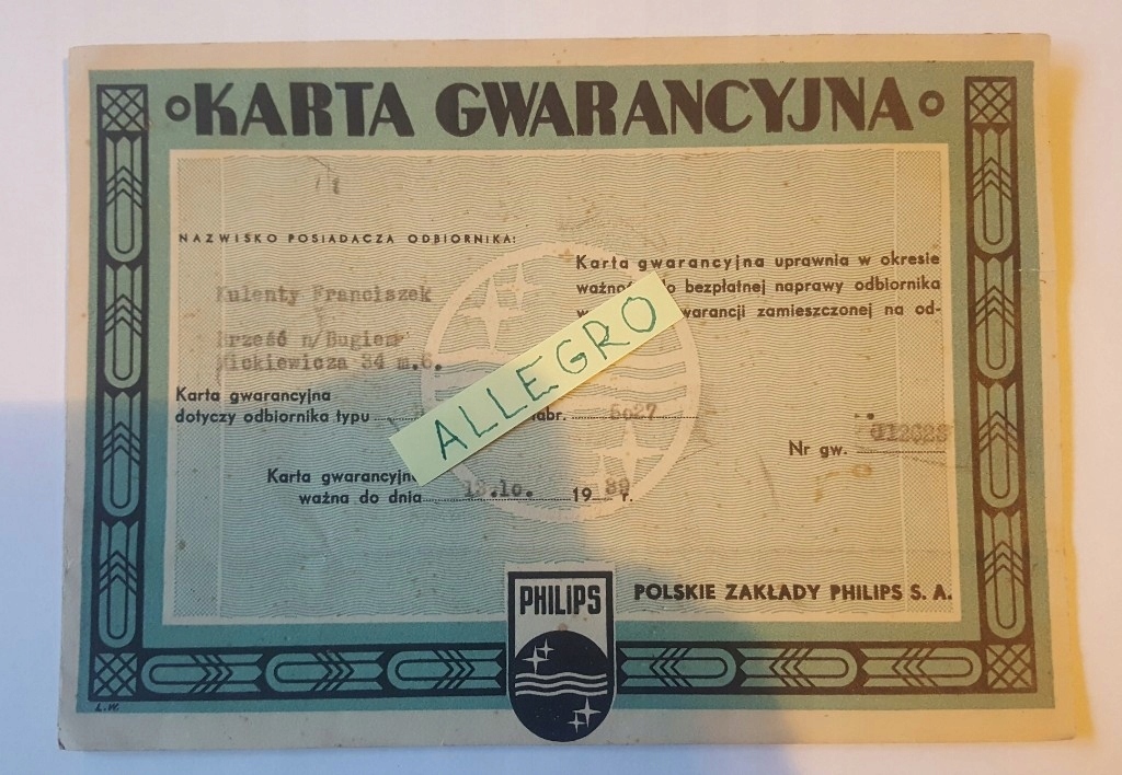 Karta Gwarancyjna Polskie Zakłady Philips 1939