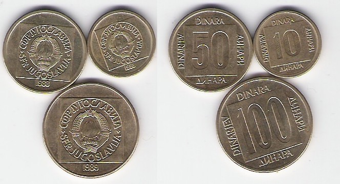 Jugosławia zestaw 10 -100 din.(3 szt)
