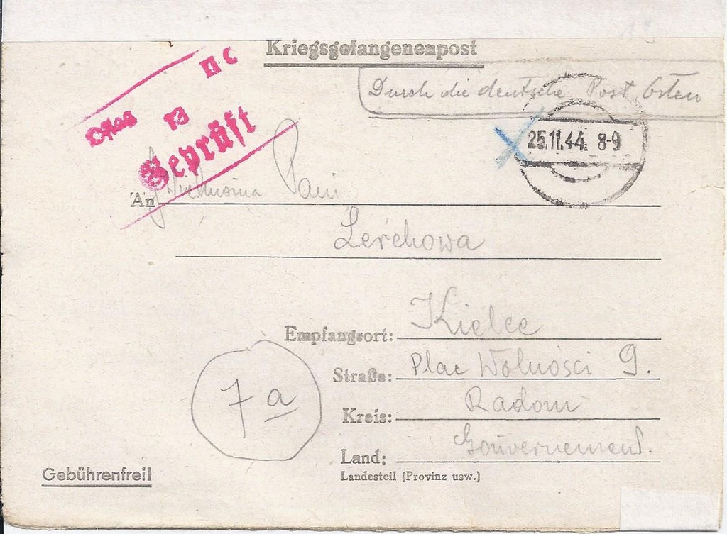 LIST Z OFLAGU WOLDEBERG II C DO  KIELCE 1944
