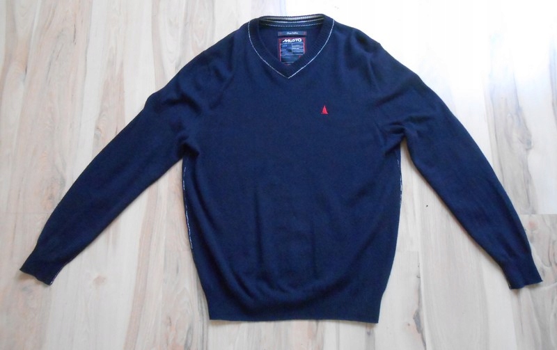 MUSTO męski granatowy sweter XL logo cienki