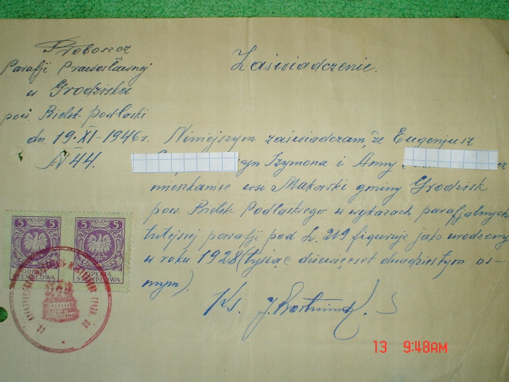 Zaświadczenie Parafia prawosławna Grodzisk 1946 r.
