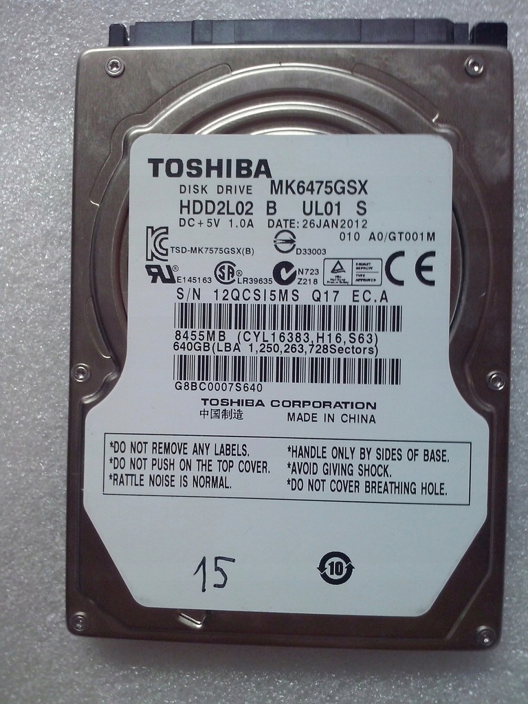 Dysk twardy 15 TOSHIBA MK6475GSX (12QCSI5MS) 640 G