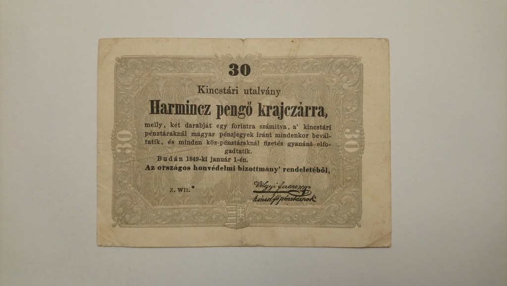 Banknot Węgry Wiosna Ludów 30 Krajcarów 1849 rok