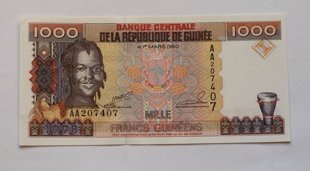 Banknot Gwinea 1000 Frankcs 1960  stan UNC