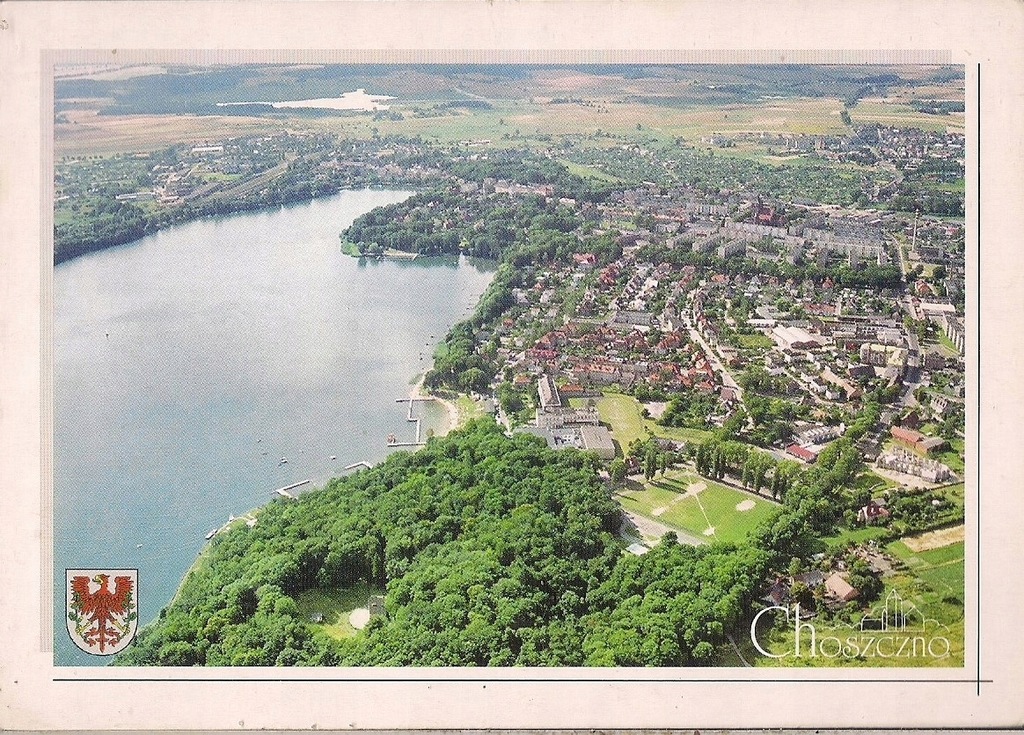 pocztówka CHOSZCZNO Panorama z lotu ptaka HERB