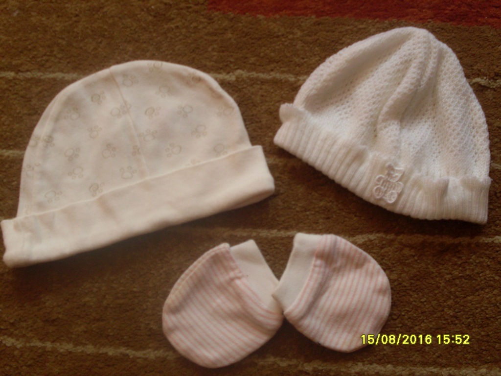 2 czapeczki i rękawiczki dla noworodka, wiek 0+