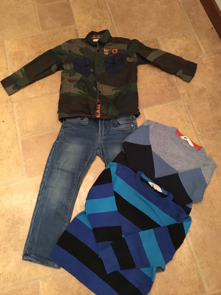 Zestaw koszula, spodnie, dwa swetry 98-104 cm