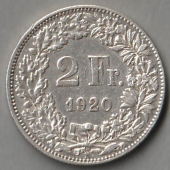 Szwajcaria / 2 franki / 1920 / srebro