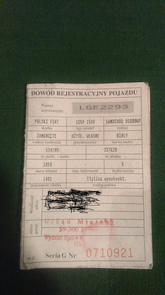 Dowód rejestracyjny Polski Fiat 125, PRL, auto