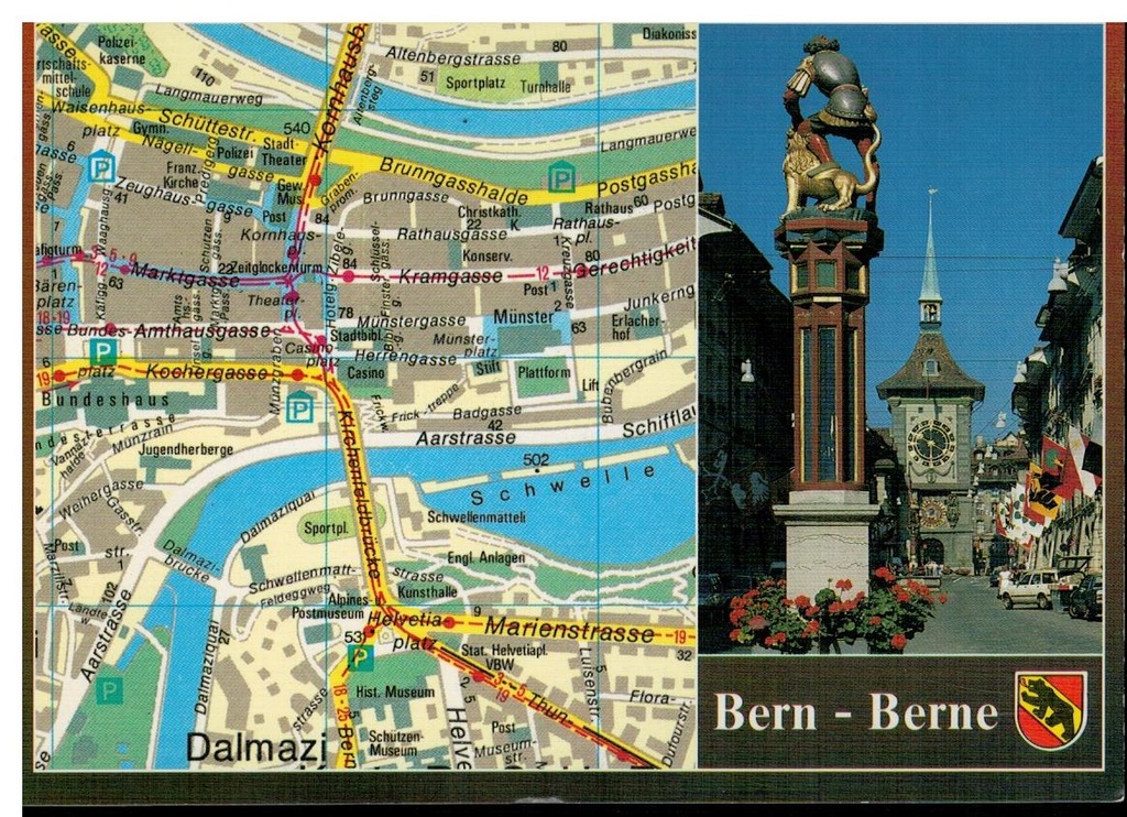 Pocztówka Szwajcaria Berno mapa brama zegar