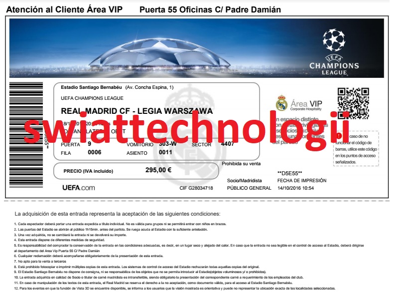 Bilet z meczu Real Madryt- Legia Warszawa 